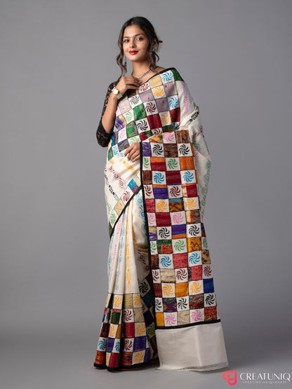 Off White Kantha Saree with Block Embroidery in Pure Silk