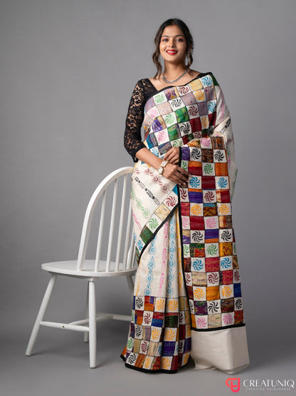 Off White Kantha Saree with Block Embroidery in Pure Silk