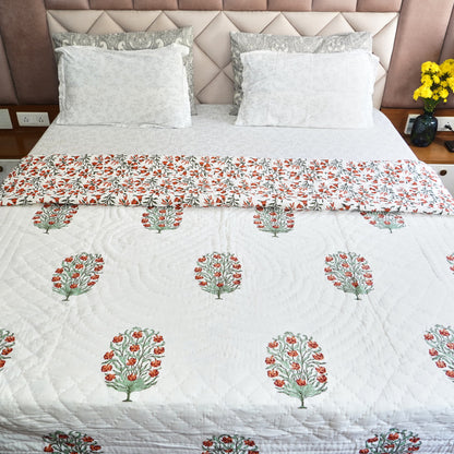 Orange Floral Symphony Reversible Hand Block Printed Cotton Quilt