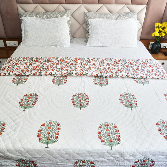 Orange Floral Symphony Reversible Hand Block Printed Cotton Quilt