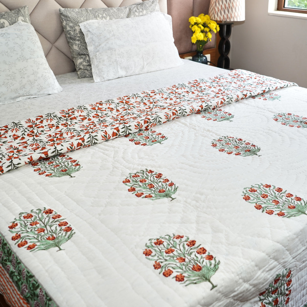 Orange Floral Symphony Reversible Hand Block Printed Cotton Quilt