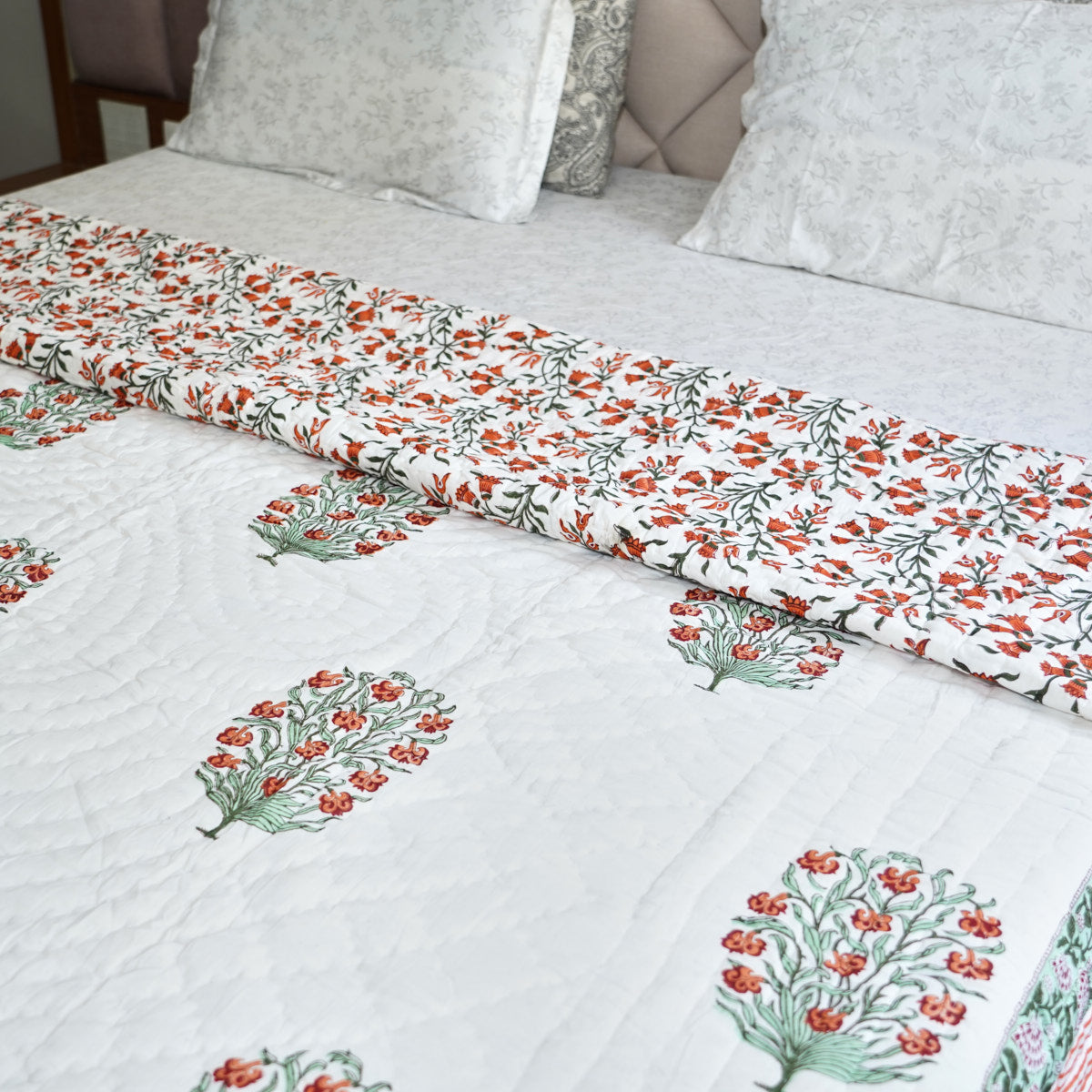 Orange Floral Symphony Reversible Hand Block Printed Cotton Quilt