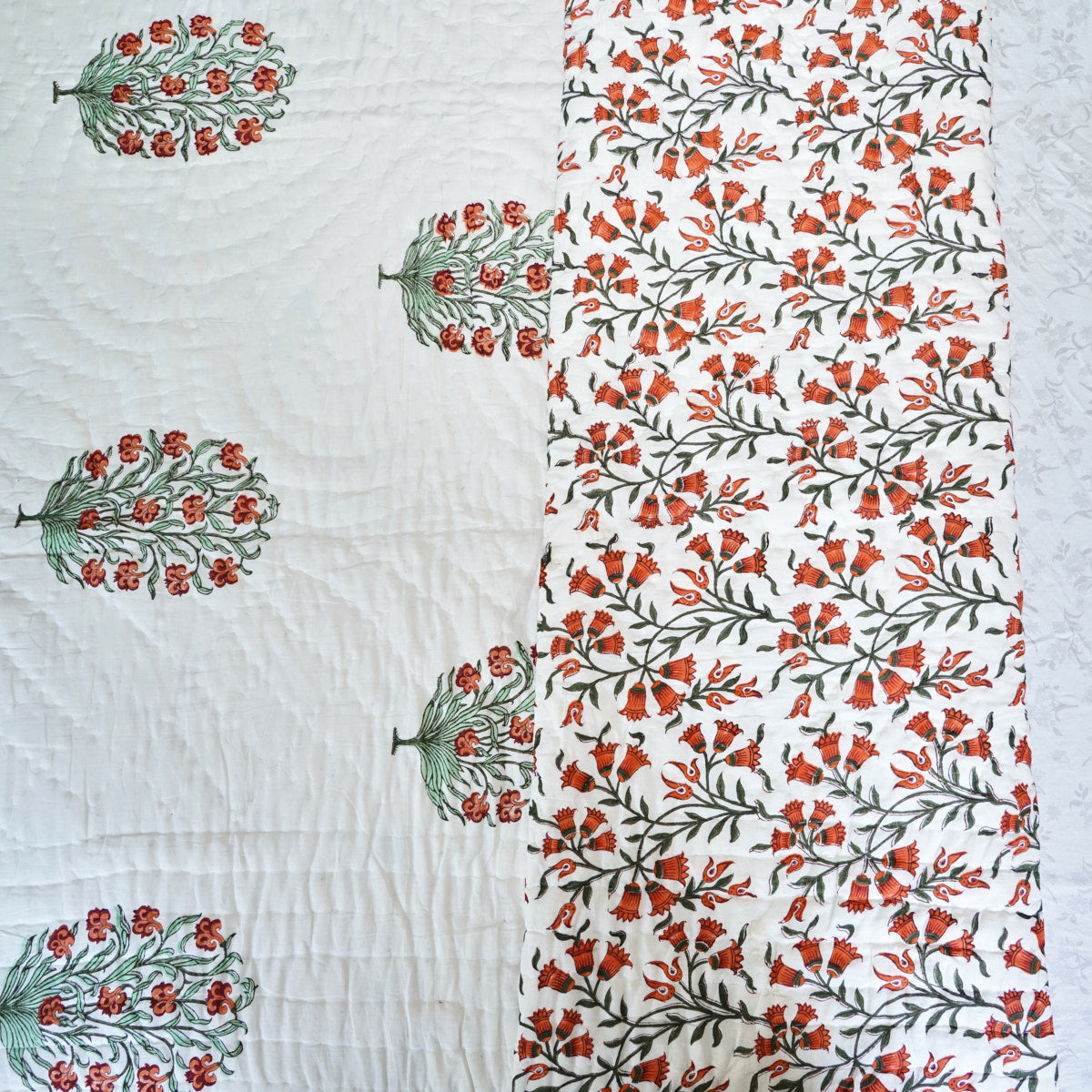 Orange Floral Symphony Reversible Hand Block Printed Cotton Quilt