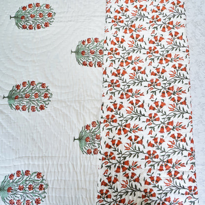 Orange Floral Symphony Reversible Hand Block Printed Cotton Quilt