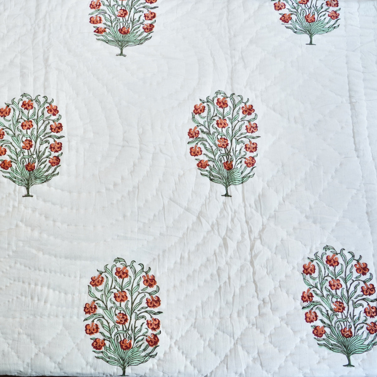 Orange Floral Symphony Reversible Hand Block Printed Cotton Quilt