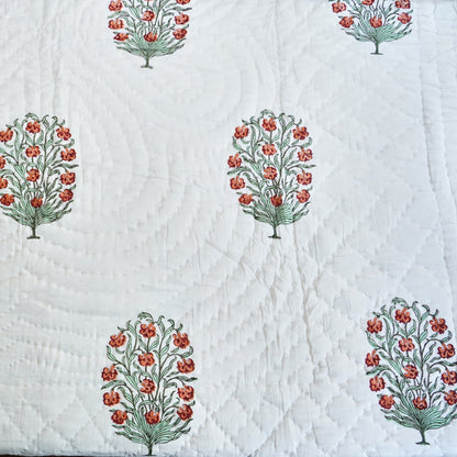 Orange Floral Symphony Reversible Hand Block Printed Cotton Quilt