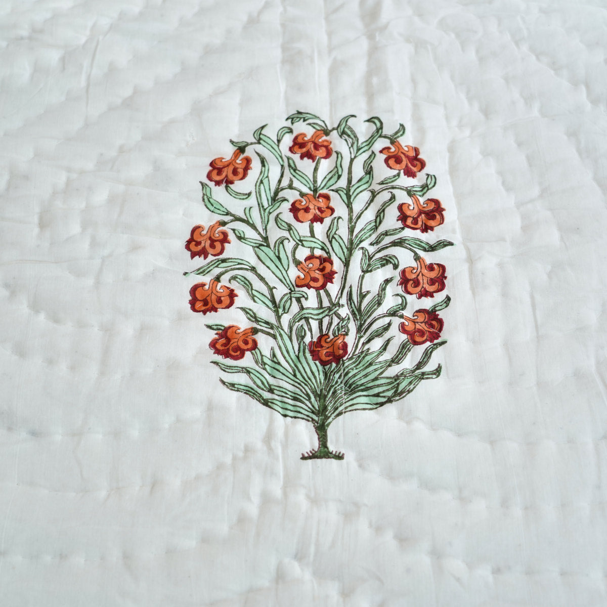 Orange Floral Symphony Reversible Hand Block Printed Cotton Quilt