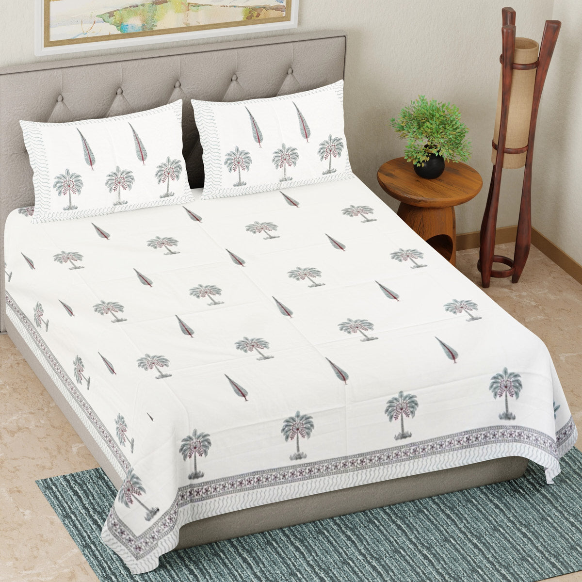 Palm and Cypress Hand Block Printed Cotton Bedsheet