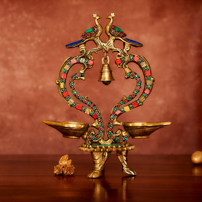 Peacock Brass Diya 12" with Antique Polish and Stonework