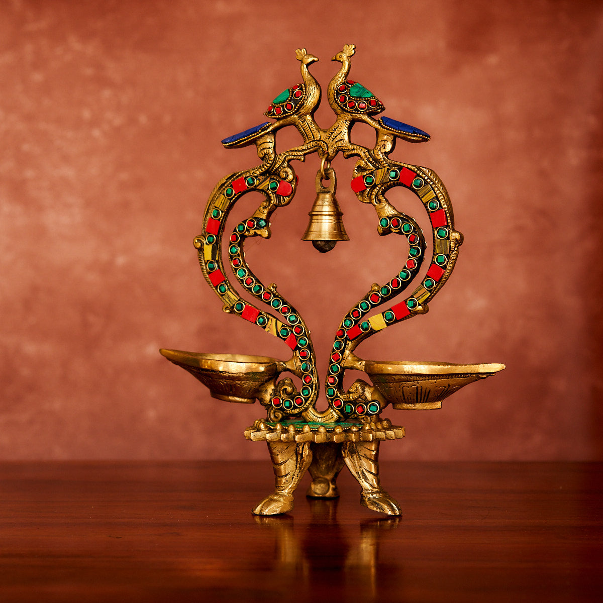 Peacock Brass Diya 12" with Antique Polish and Stonework