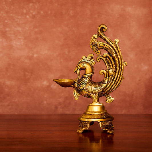 Peacock Brass Diya 8.5" with Antique Polish