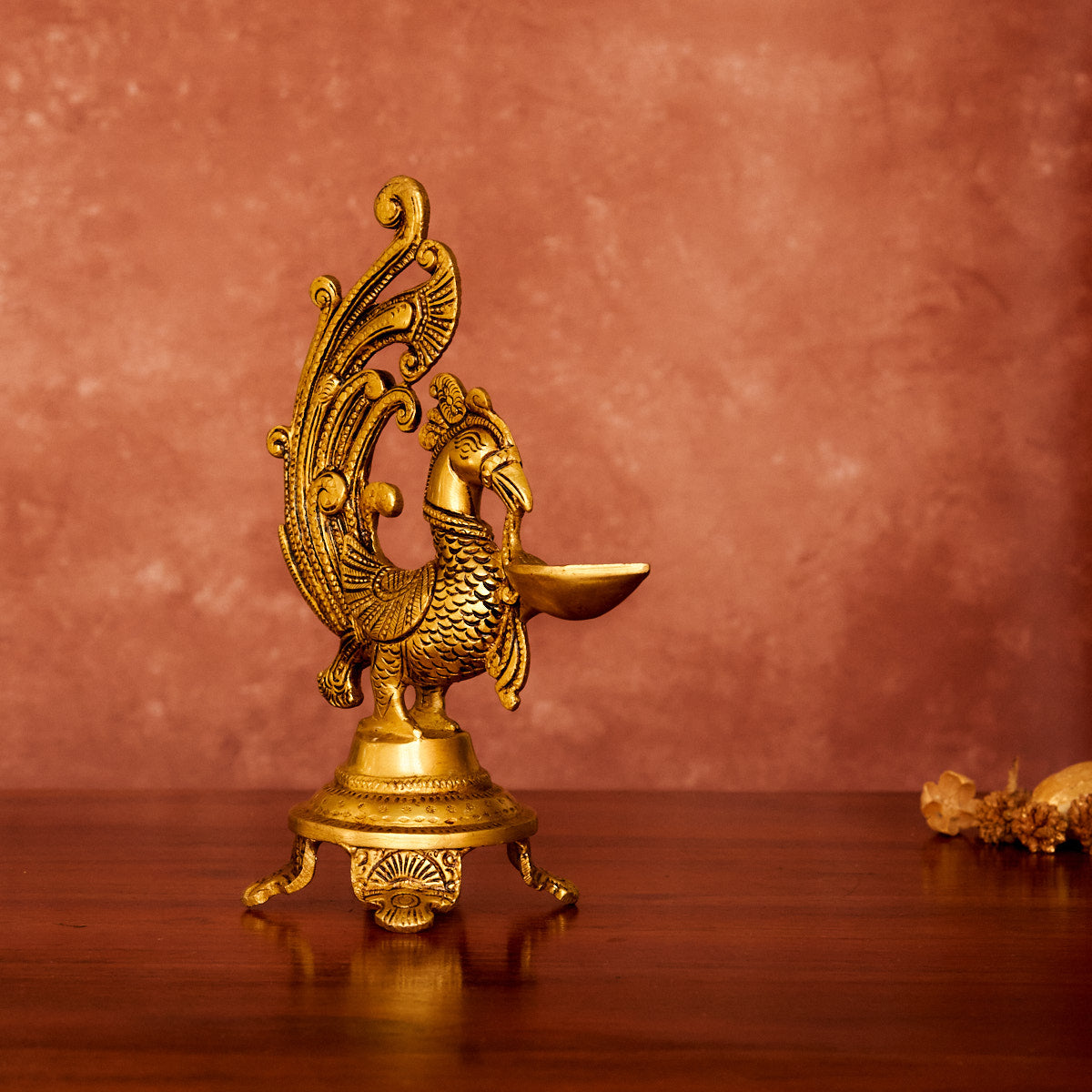 Peacock Brass Diya 8.5" with Antique Polish
