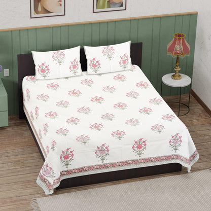 Pink Floral Essence Hand Block Printed Cotton Bedsheet 