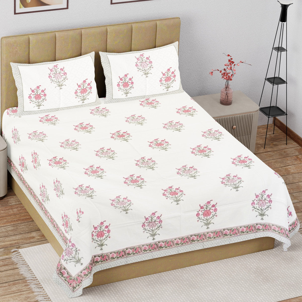  Pink Floral Essence Hand Block Printed Cotton Bedsheet 
