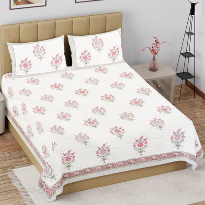  Pink Floral Essence Hand Block Printed Cotton Bedsheet 