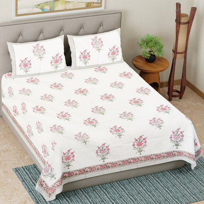  Pink Floral Essence Hand Block Printed Cotton Bedsheet