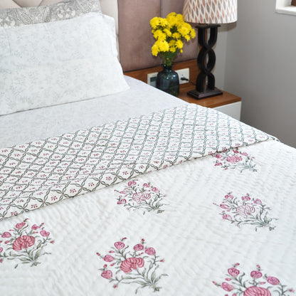 Pink Floral Essence Reversible Hand Block Printed Cotton Quilt