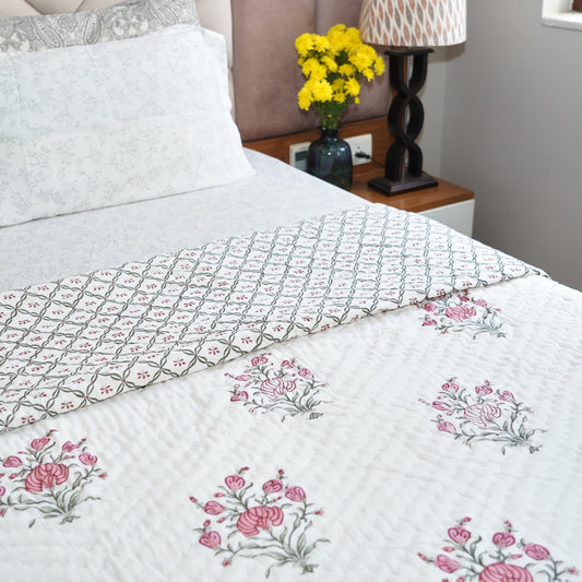 Pink Floral Essence Reversible Hand Block Printed Cotton Quilt
