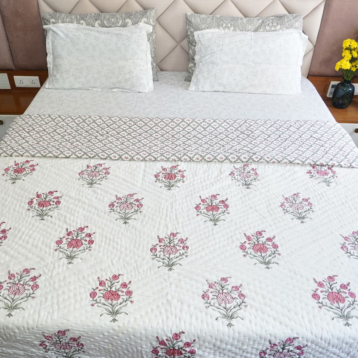 Pink Floral Essence Reversible Hand Block Printed Cotton Quilt