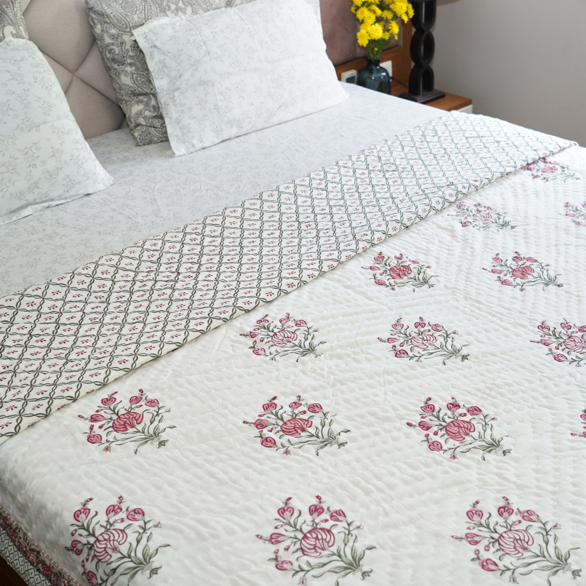 Pink Floral Essence Reversible Hand Block Printed Cotton Quilt