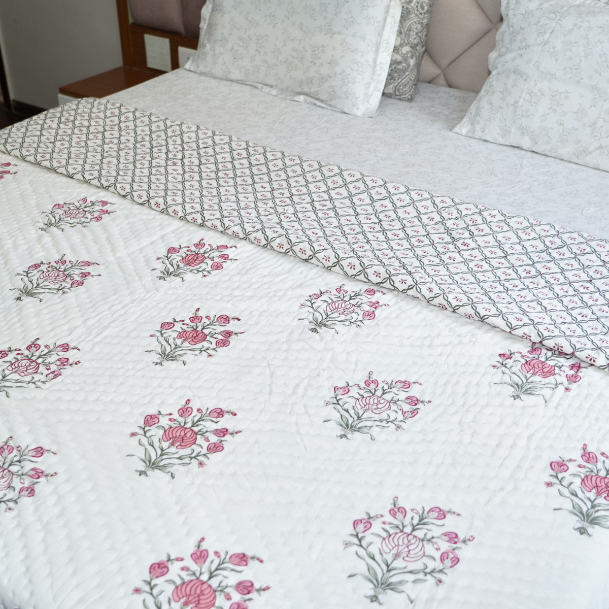 Pink Floral Essence Reversible Hand Block Printed Cotton Quilt