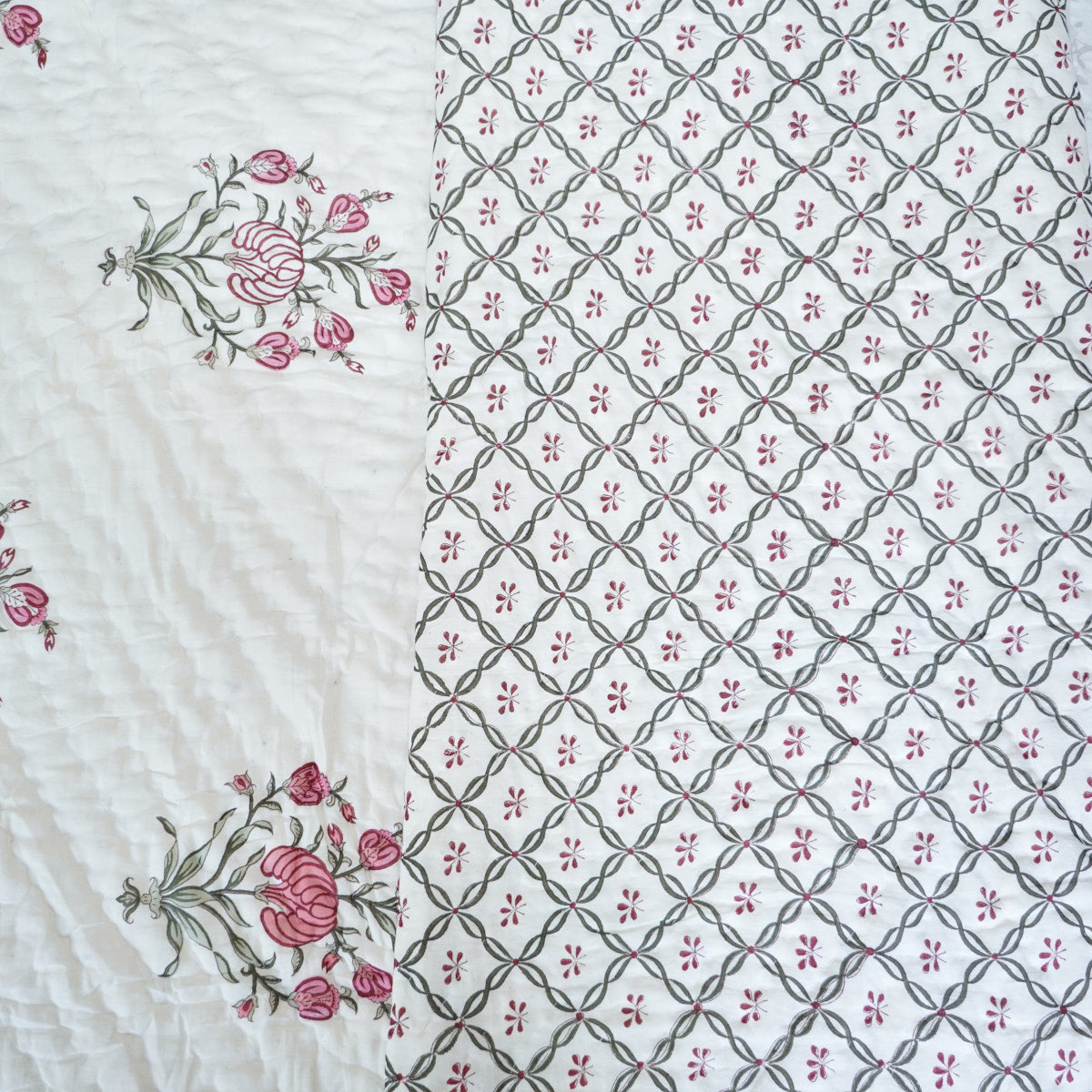 Pink Floral Essence Reversible Hand Block Printed Cotton Quilt