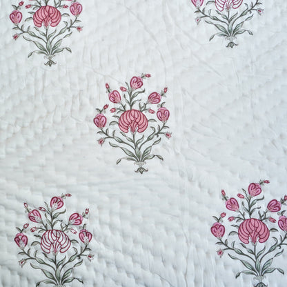 Pink Floral Essence Reversible Hand Block Printed Cotton Quilt
