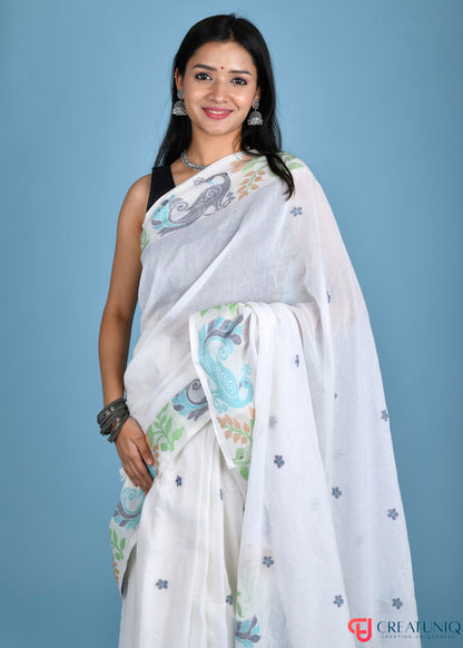 Pure Cotton Off White With Floral Design and Peacock Motif