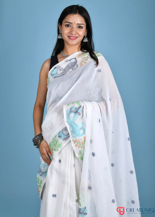 Pure Cotton Off White With Floral Design and Peacock Motif