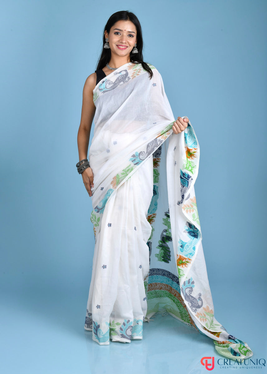 Pure Cotton Off White With Floral Design and Peacock Motif