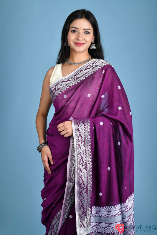 Pure Cotton Purple Saree with Traditional Buti and Artistic Pallu