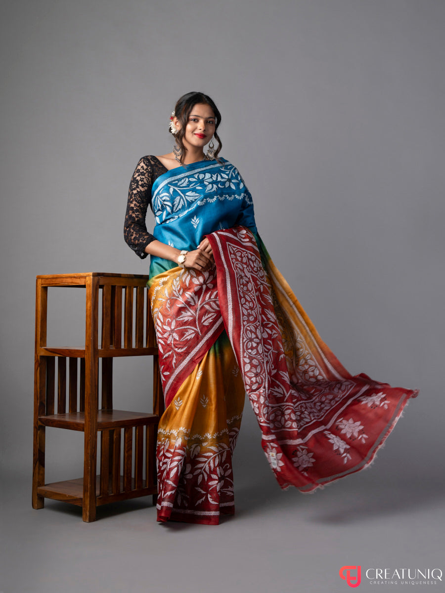 Rainbow Hues Floral Kantha Pure Silk Saree