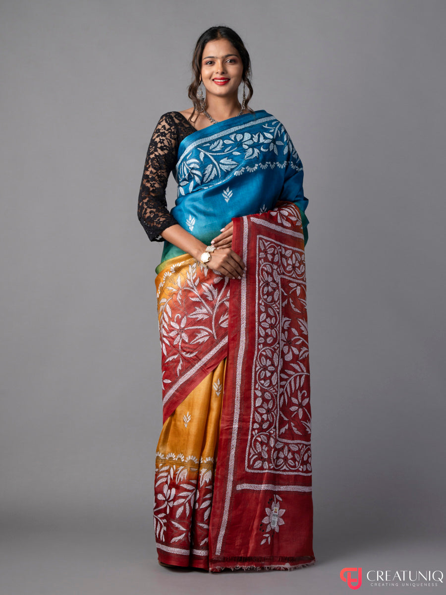 Rainbow Hues Floral Kantha Pure Silk Saree