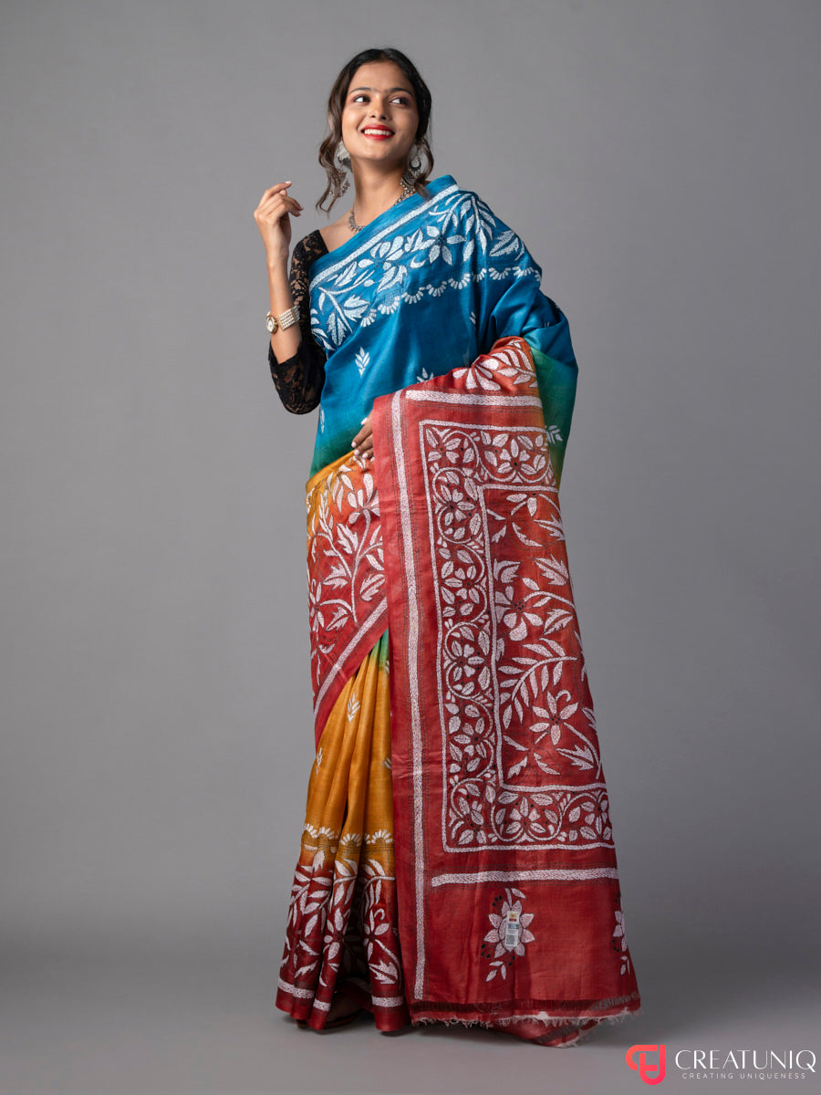 Rainbow Hues Floral Kantha Pure Silk Saree