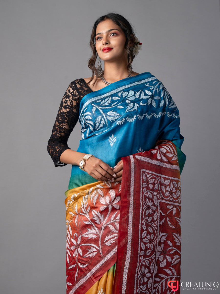 Rainbow Hues Floral Kantha Pure Silk Saree
