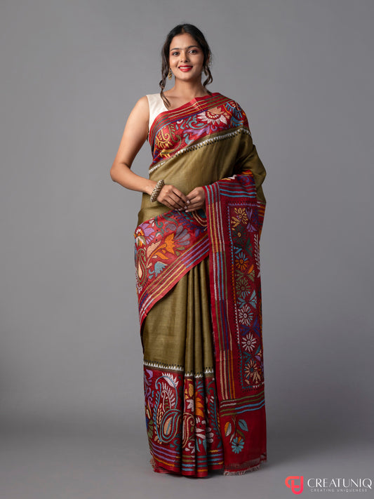 Red-Green Floral Kantha Pure Silk Saree