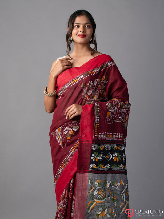 Red-Grey Khadi Saree with Green-Yellow Kantha Work
