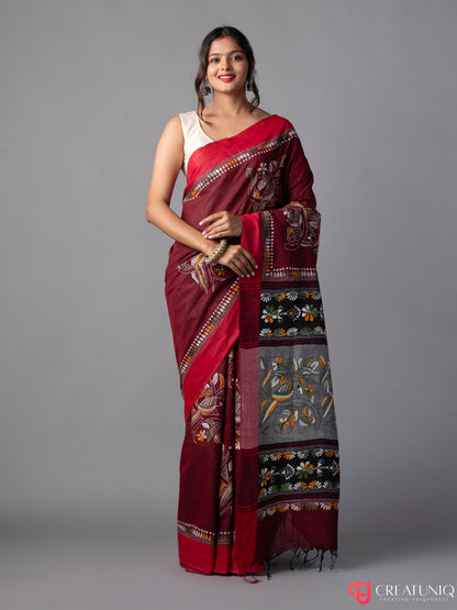 Red-Grey Khadi Saree with Green-Yellow Kantha Work