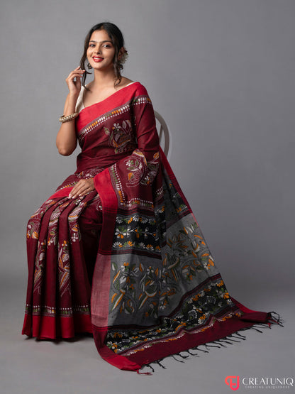 Red-Grey Khadi Saree with Green-Yellow Kantha Work