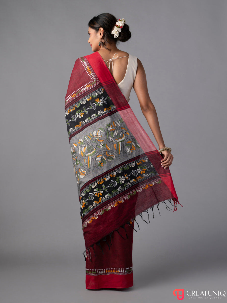 Red-Grey Khadi Saree with Green-Yellow Kantha Work
