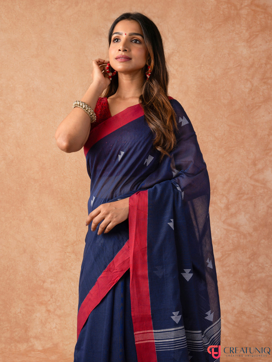 Red Border Handloom Pure Cotton Saree with Arrow Motif – Blue