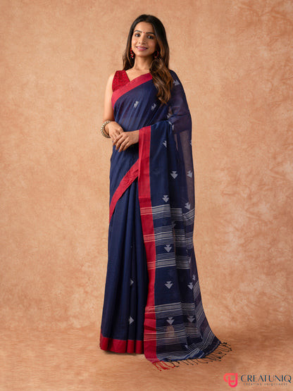 Red Border Handloom Pure Cotton Saree with Arrow Motif – Blue