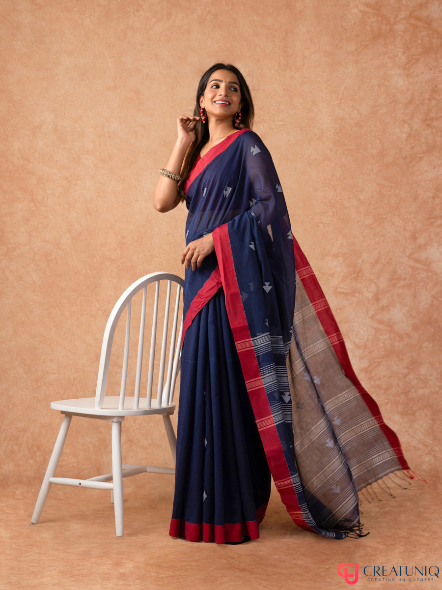 Red Border Handloom Pure Cotton Saree with Arrow Motif – Blue