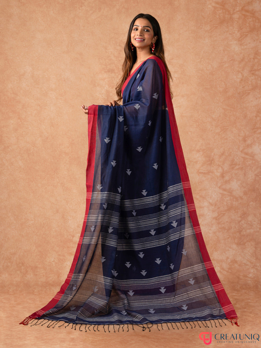 Red Border Handloom Pure Cotton Saree with Arrow Motif – Blue
