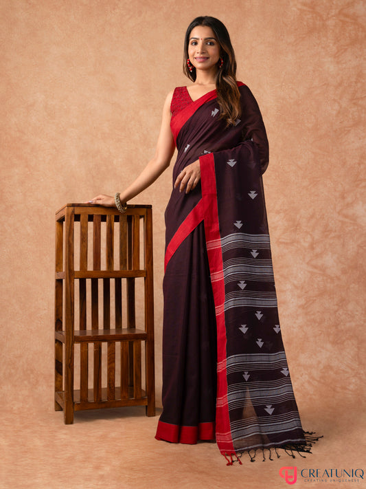 Red Border Handloom Pure Cotton Saree with Arrow Motif – Brown