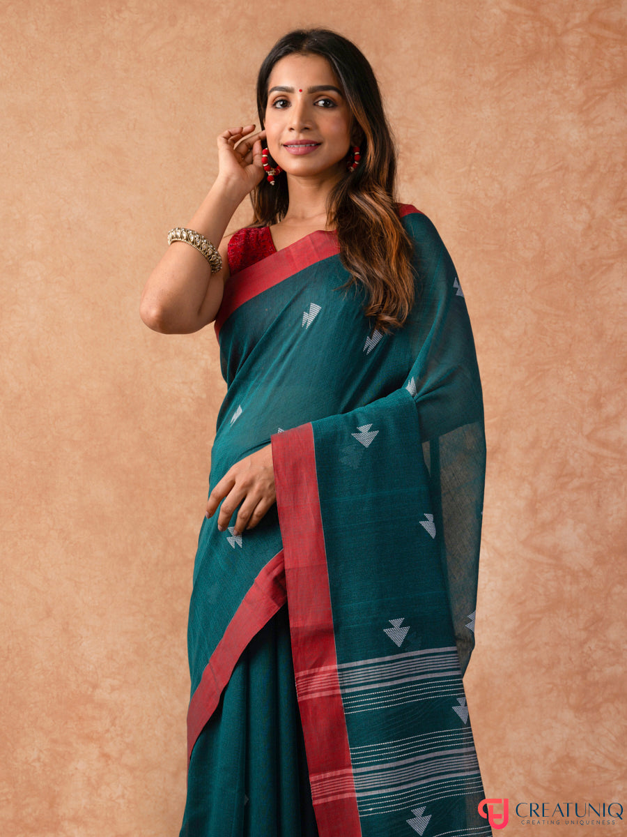 Red Border Handloom Pure Cotton Saree with Arrow Motif – Green