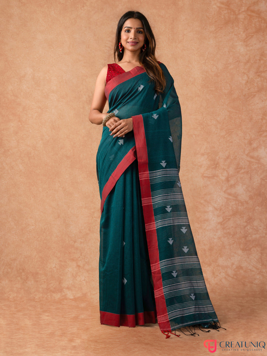 Red Border Handloom Pure Cotton Saree with Arrow Motif – Green
