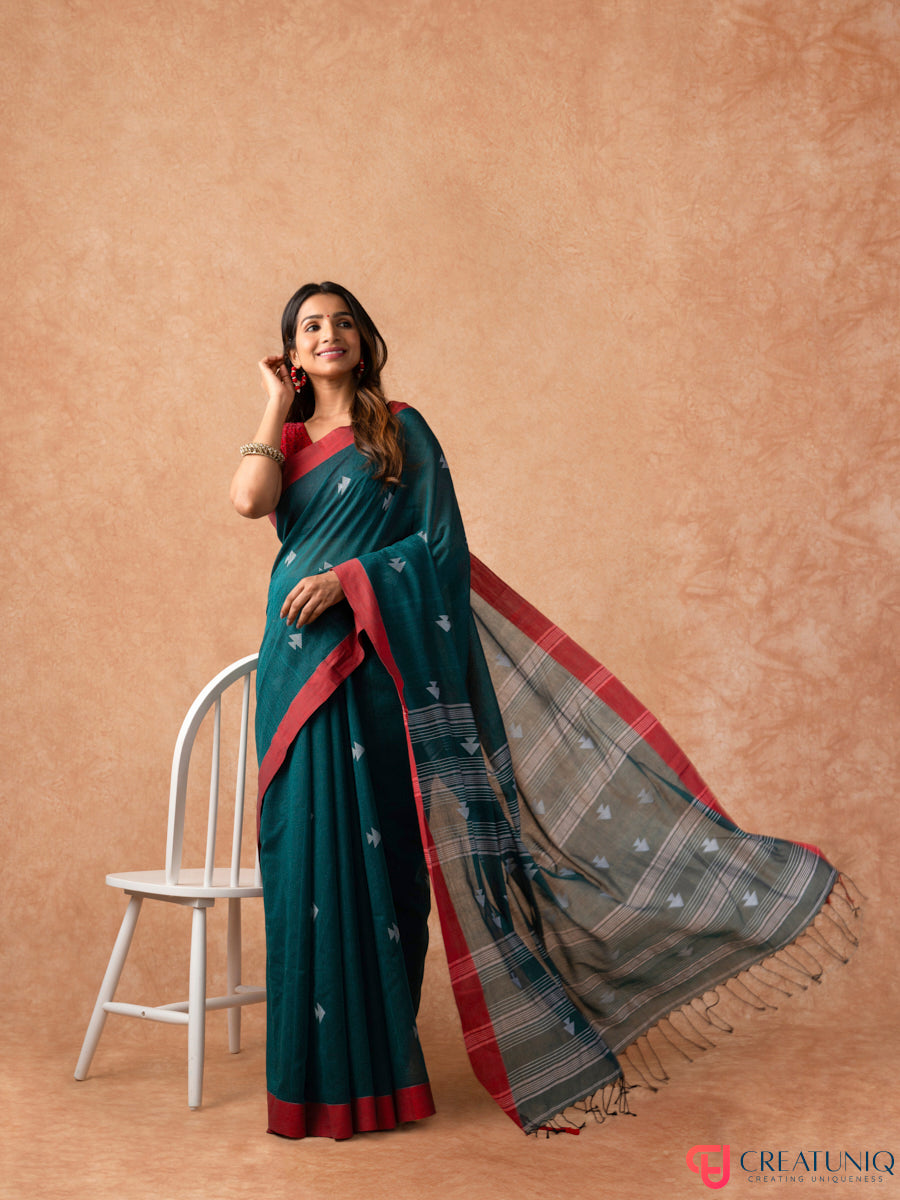 Red Border Handloom Pure Cotton Saree with Arrow Motif – Green