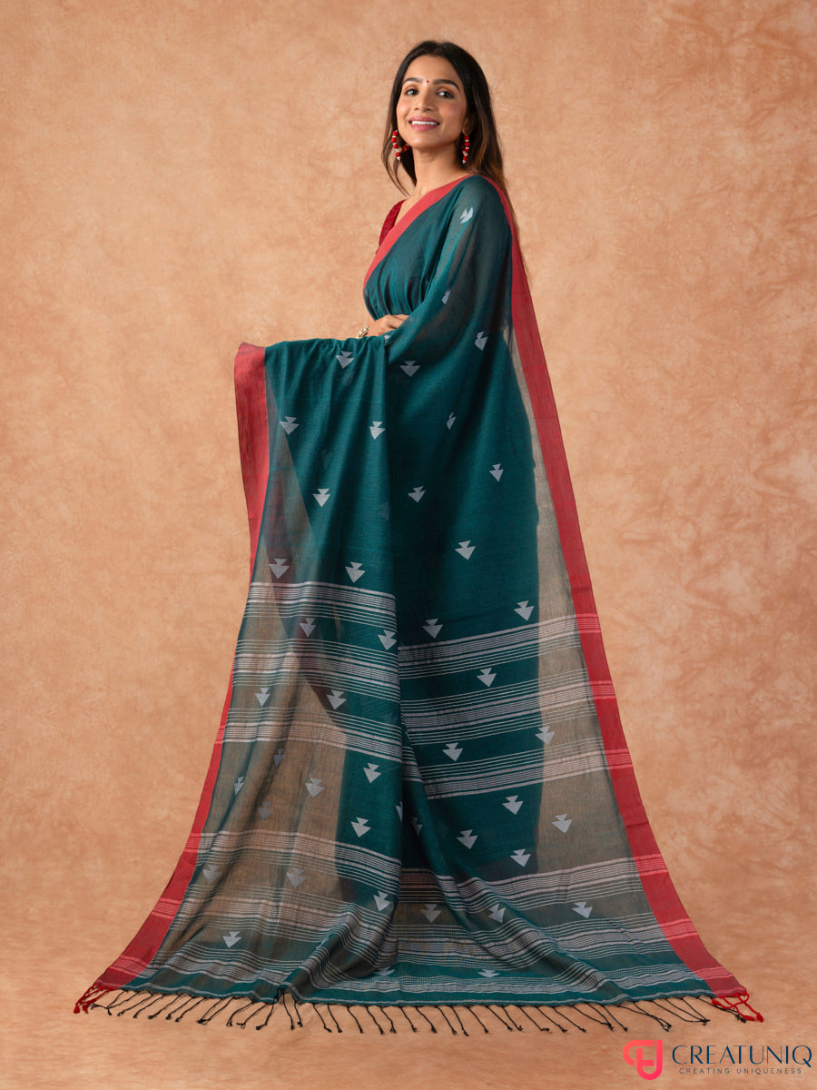 Red Border Handloom Pure Cotton Saree with Arrow Motif – Green