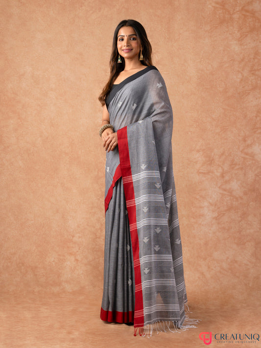 Red Border Handloom Pure Cotton Saree with Arrow Motif – Grey